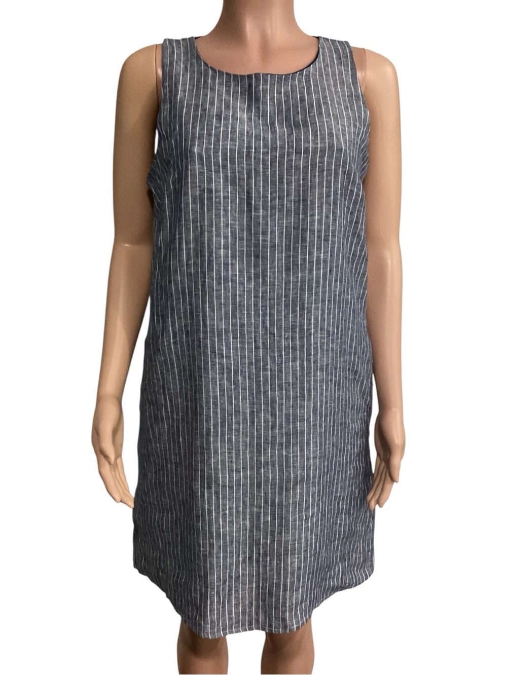 Quince European Linen Sleeveless Mini Tank Dress Blue Chambray Stripe Size Small